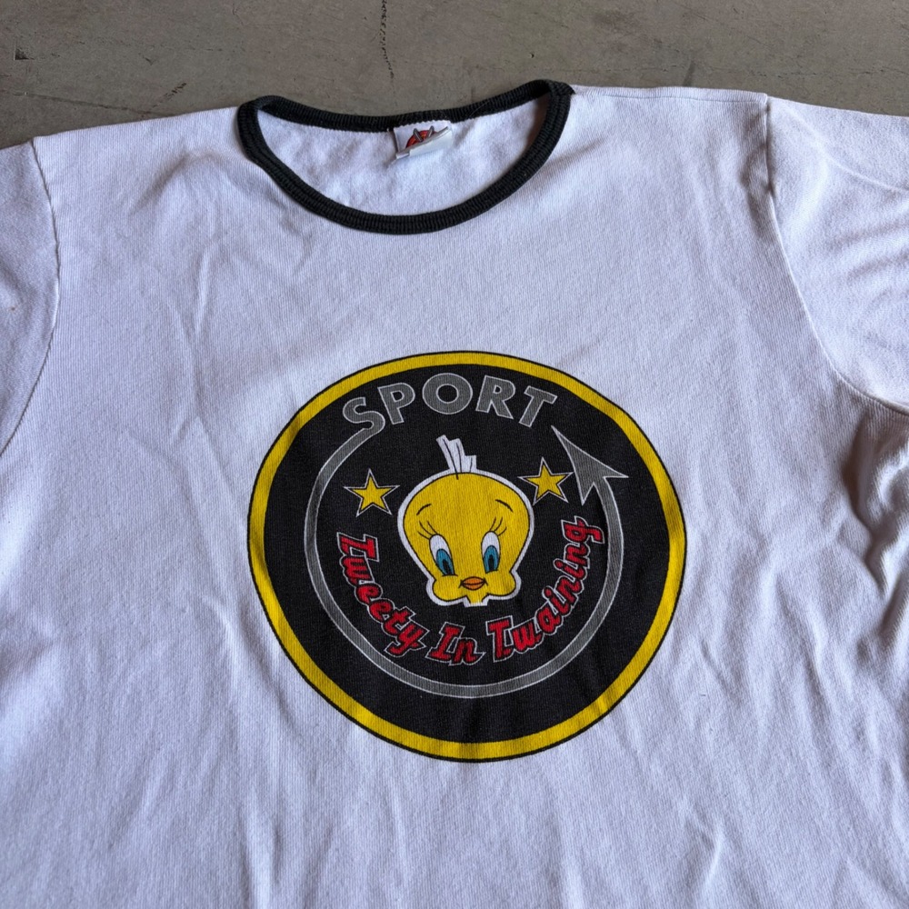 Vintage Looney Tunes Tweety Bird Ringer Tee White Black Cropped Small